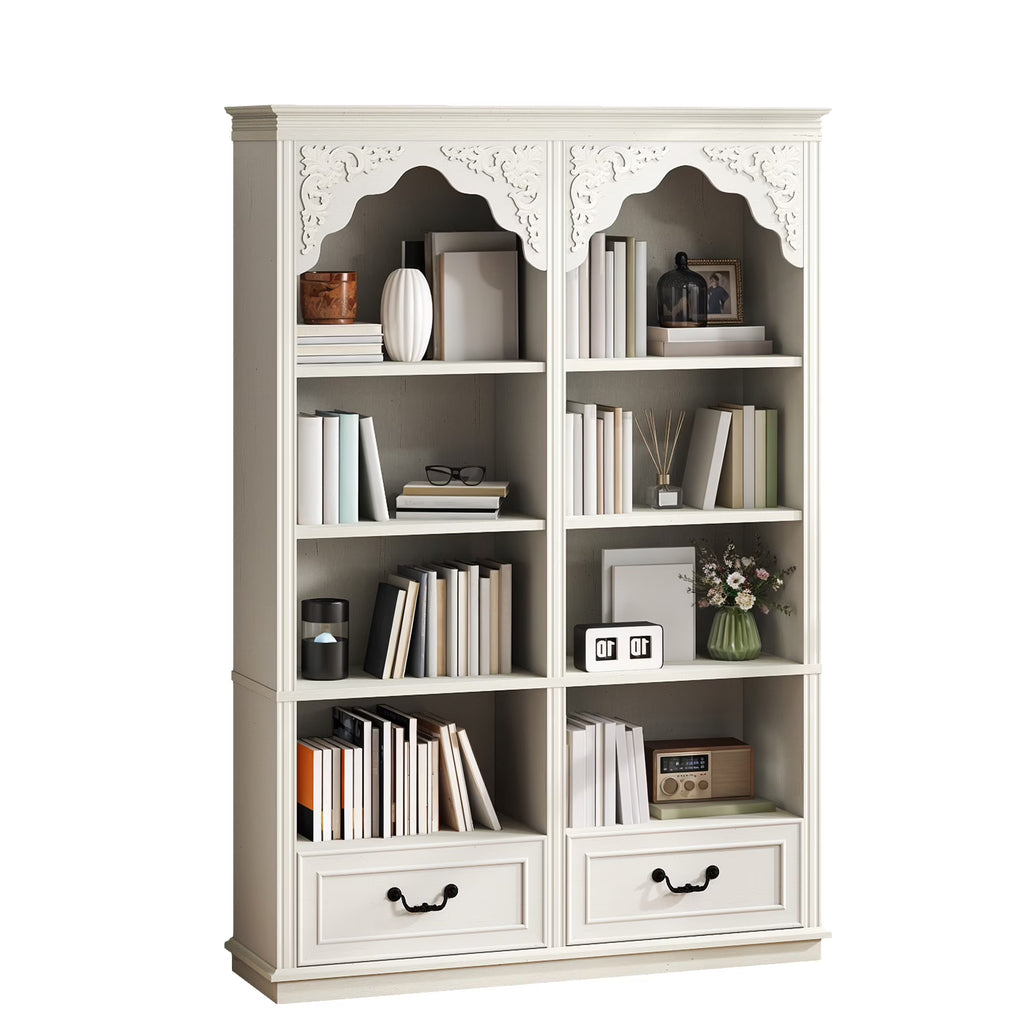 ModFusion 70" Distressed White Bookshelf with Adjustable Shelves and Two Drawers