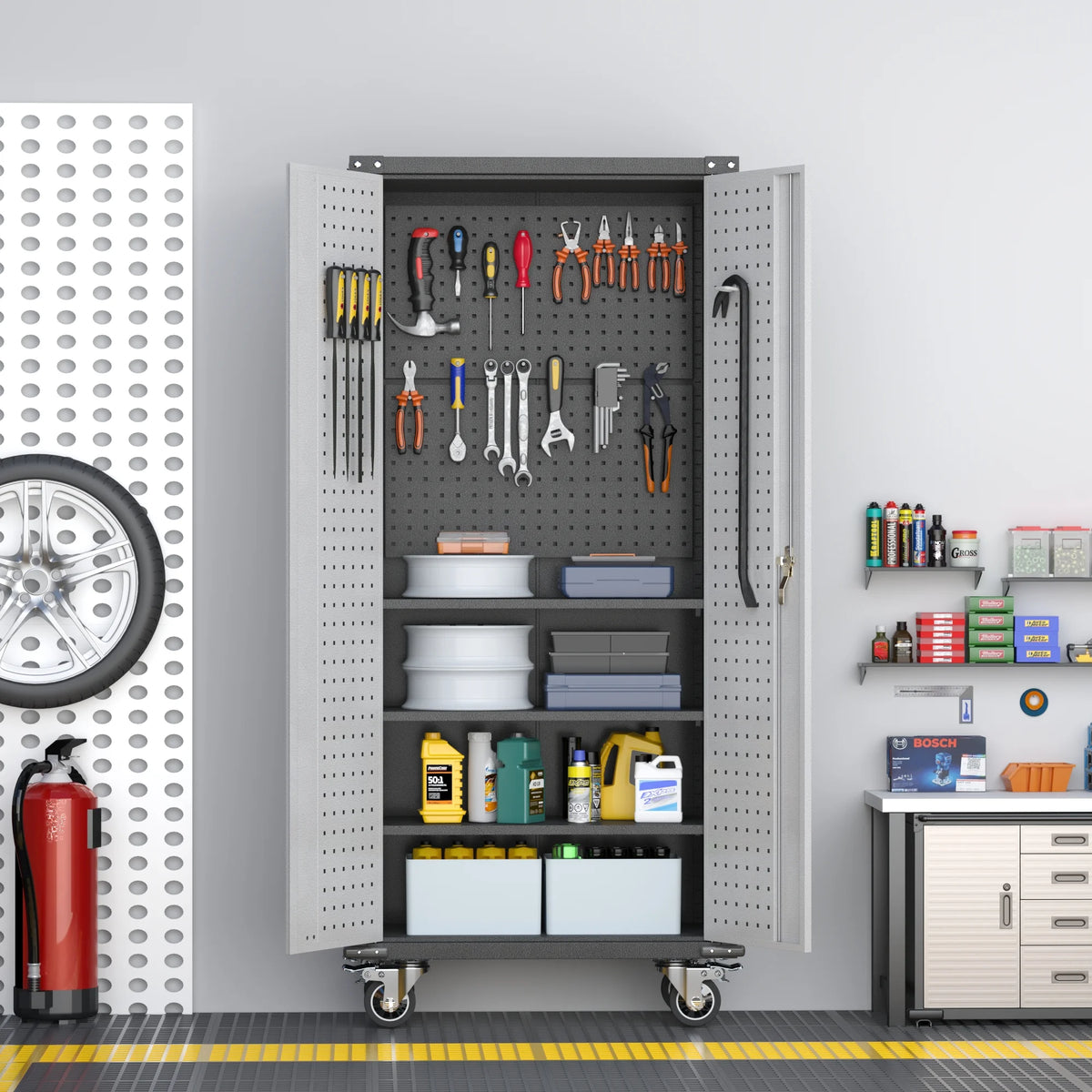 SUPEER 71" Metal Storage Cabinets with Wheels and Pegboards, Industrial Cabinet with 2 Drawers and 2 Adjustable Shelves,, Assembly Required
