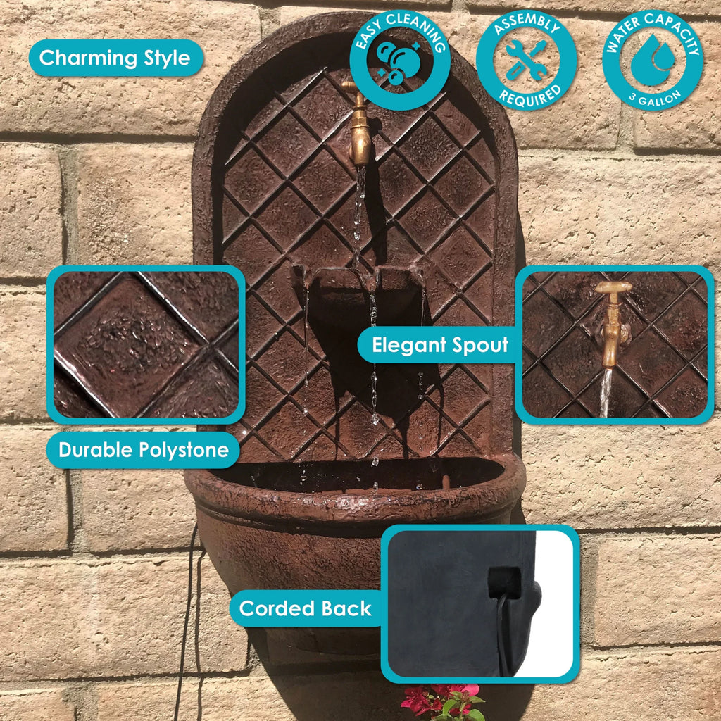 Sunnydaze Messina Polystone Outdoor Solar Wall Fountain, Bronze