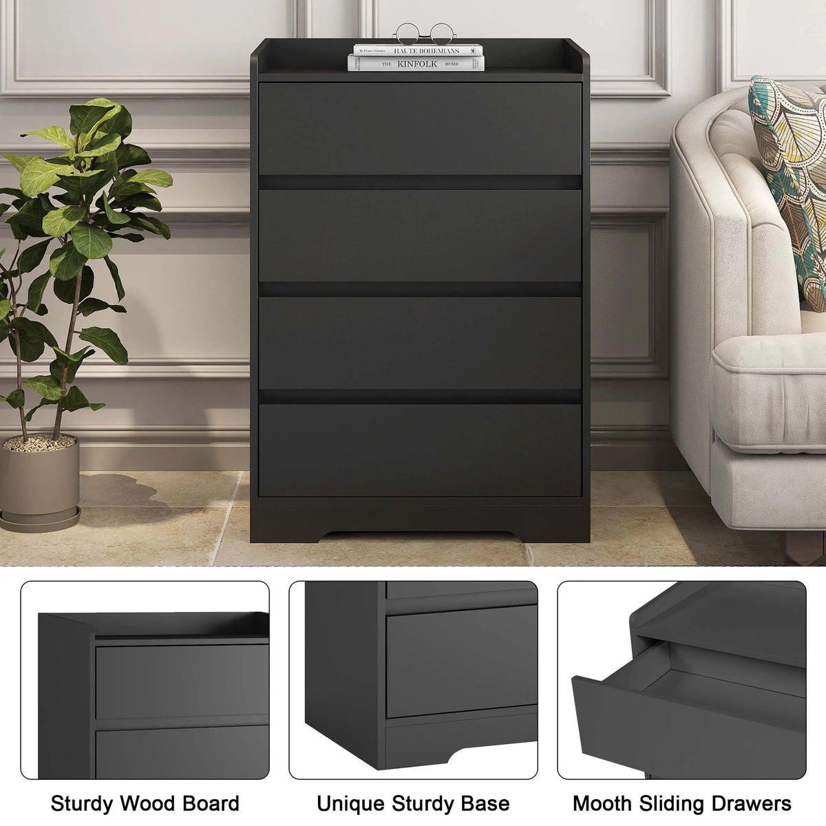 Aukfa Wood 4 Drawer Dresser,Chest of Drawer with Anti-fall Device, Black