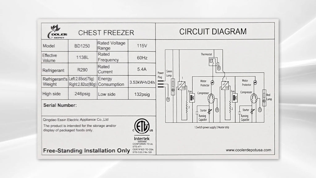 Cooler Depot 105 In. 42 Cu.ft Chest Freezer BD1250 NSF ETL Certified