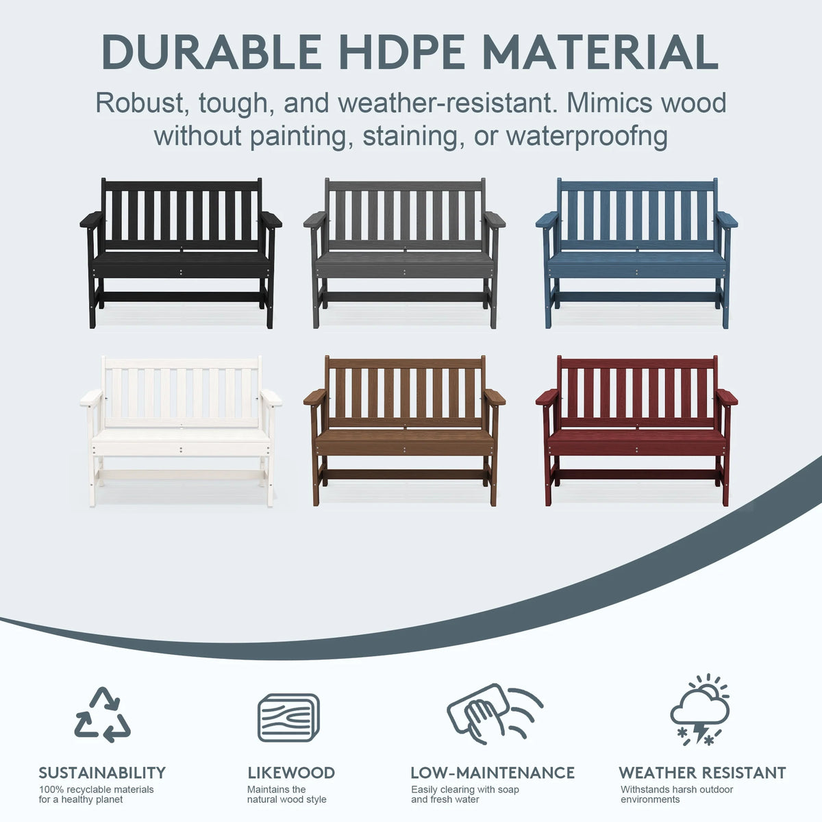 SERWALL Outdoor Bench for 2-Person, Weather-Resistant HDPE with Aluminum Reinforcement, Supports 660 lbs, Comfortable Seating for Patio, Garden, and Porch, Black