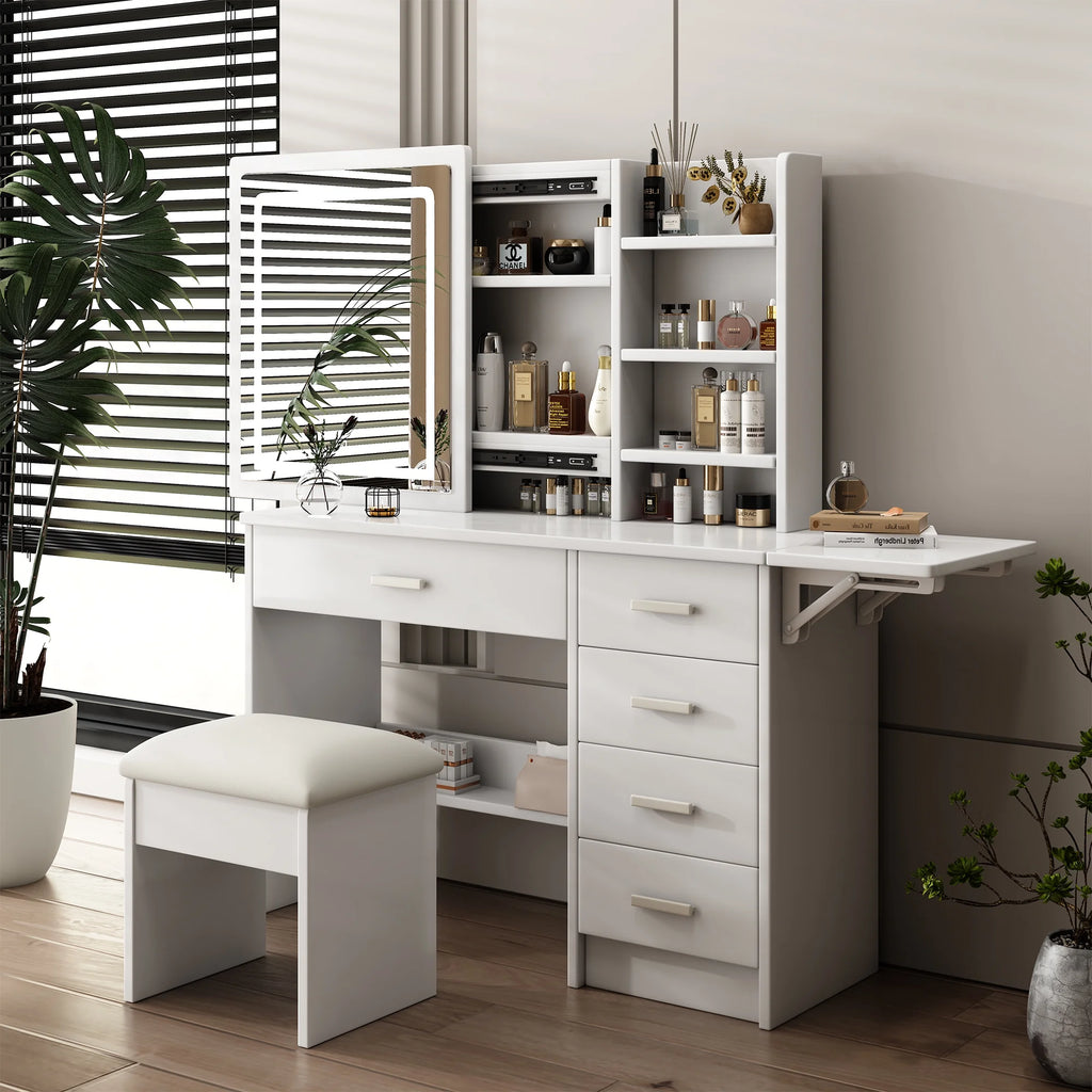 Montary Modern Mini Vanity w/Adjustable LED Mirror + Hidden Storage, Padded Stool & Dustproof Shelves (White)