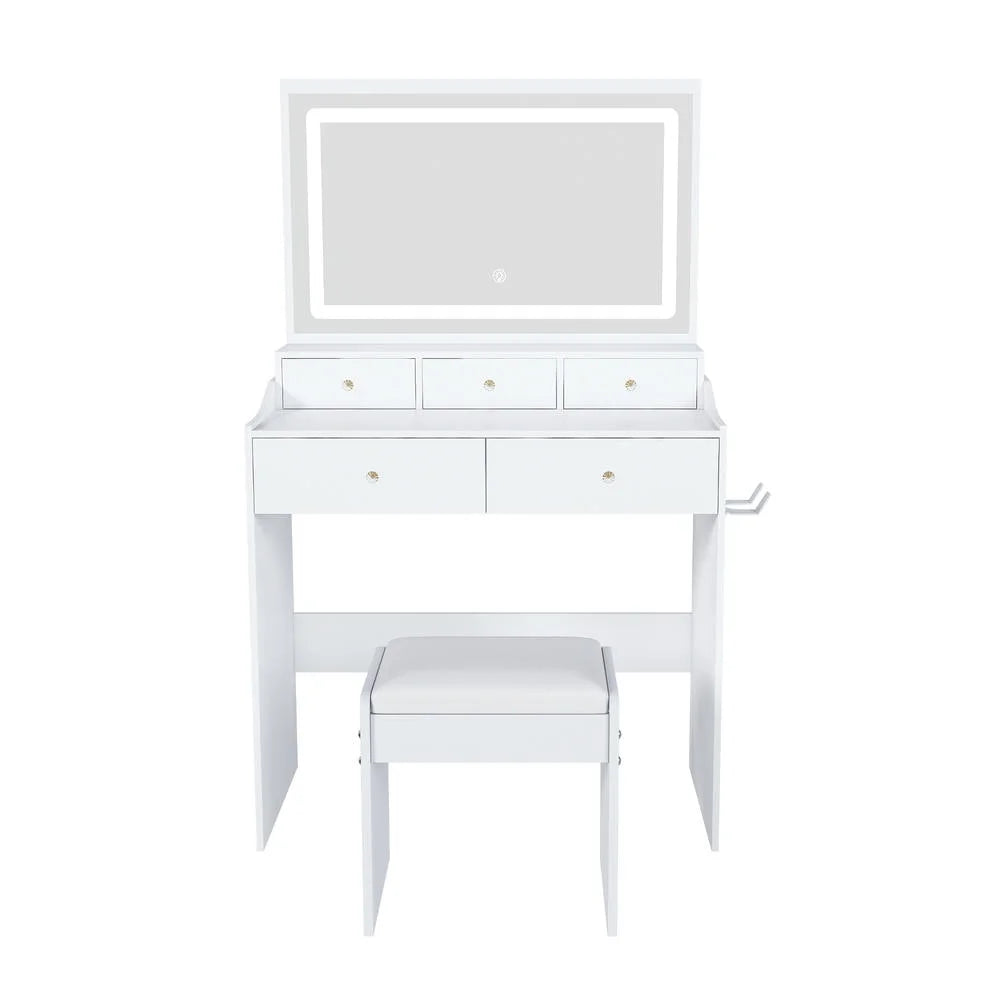 Kadyn Vanity Desk with Lighted Mirror, Vanity Table and Chair Set with 2 Drawers, Dressing Table Makeup Desk with 1 Door, Retro Gray