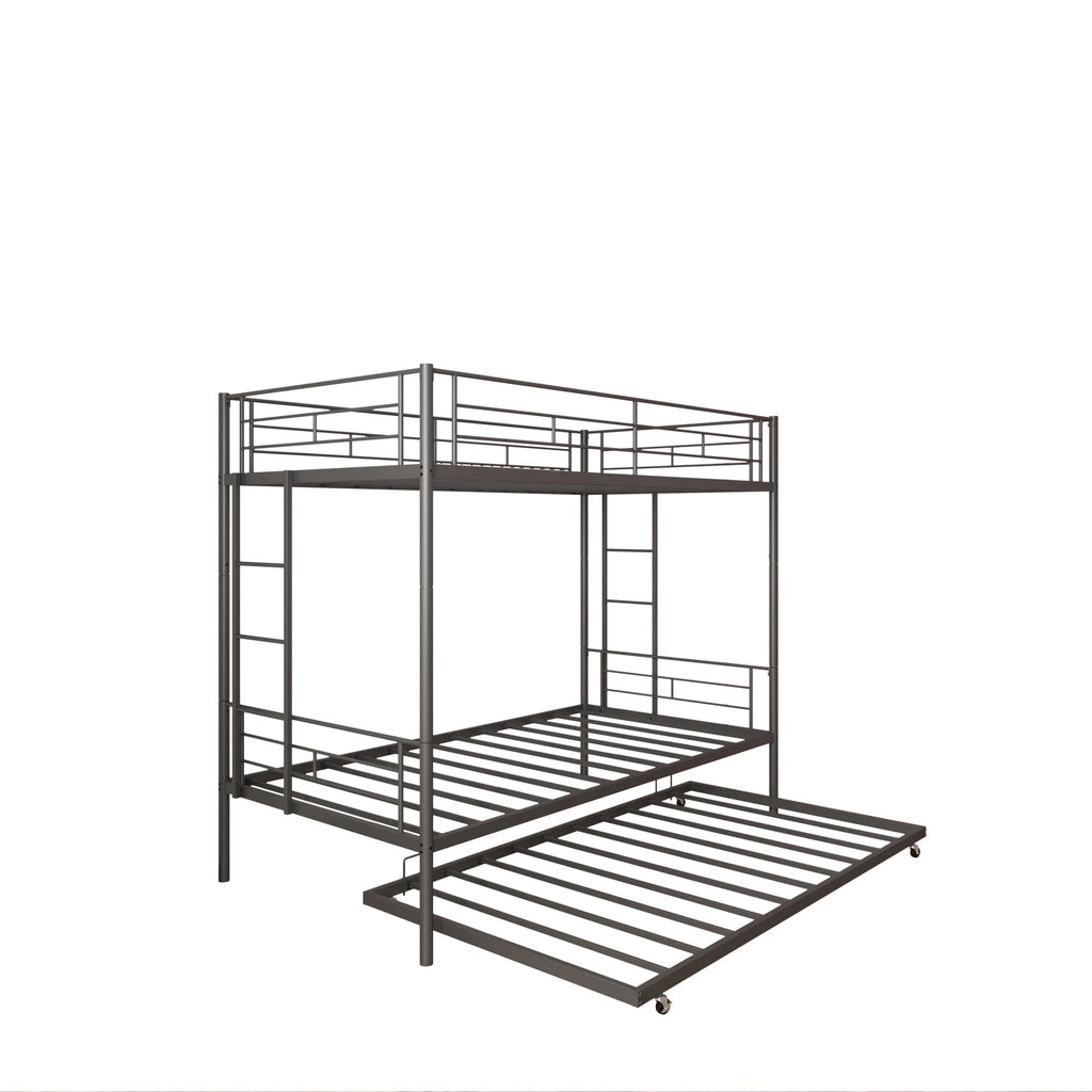 Seizeen Bunk Bed Twin Over Twin Size, Metal Triple Bunk Bed with Trundle, Black Heavy Duty Bunk Bed Frame Per Bed Up to 400LBS, 2 Side Ladders and All-round Safety Guard Rails