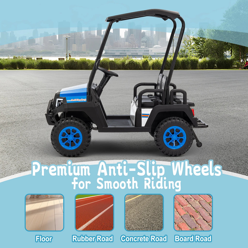 24V XL Kids Ride on Golf Cart, Electric Car w/Remote Control, Detachable Awning, 4 Seats, 3 Speeds, LED Lights, Spring Suspension, Bluetooth, Audio, Blue