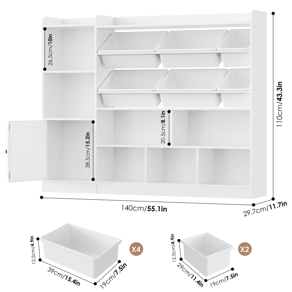 Hiphuta 55"In Kids Bookcase with Toy Storage Organizer, Wood Cube Bookcase Toy Chest of 8 Compartments & 6 Movable Bins, Bookshelf for Kids Bedroom, White