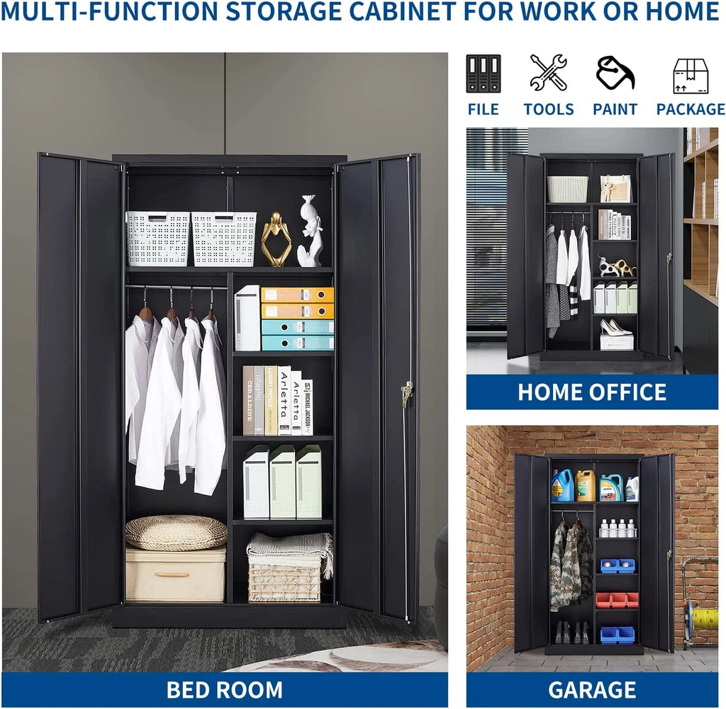 STANI Metal Locker Storage Cabinet, Employees Locker with Hanging Rod Bar, 71a?? Black Tall Steel Wardrobe for Home, School, Office (Assembly Required)
