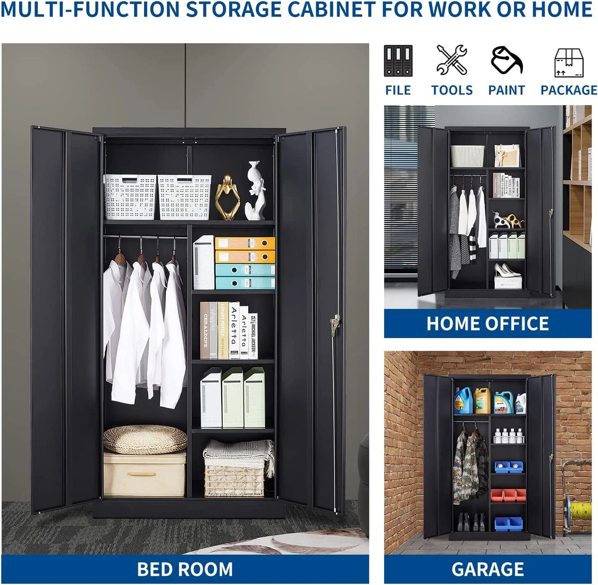 STANI Metal Locker Storage Cabinet, Employees Locker with Hanging Rod Bar, 71a?? Black Tall Steel Wardrobe for Home, School, Office (Assembly Required)