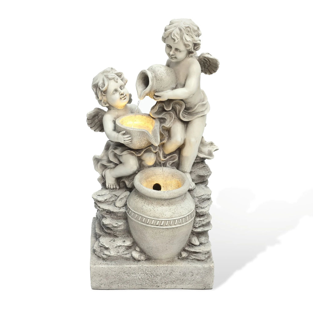 LuxenHome 30" Resin Angels Water Fountain Outdoor and Indoor, Waterfall Fountains for Garden, Backyard