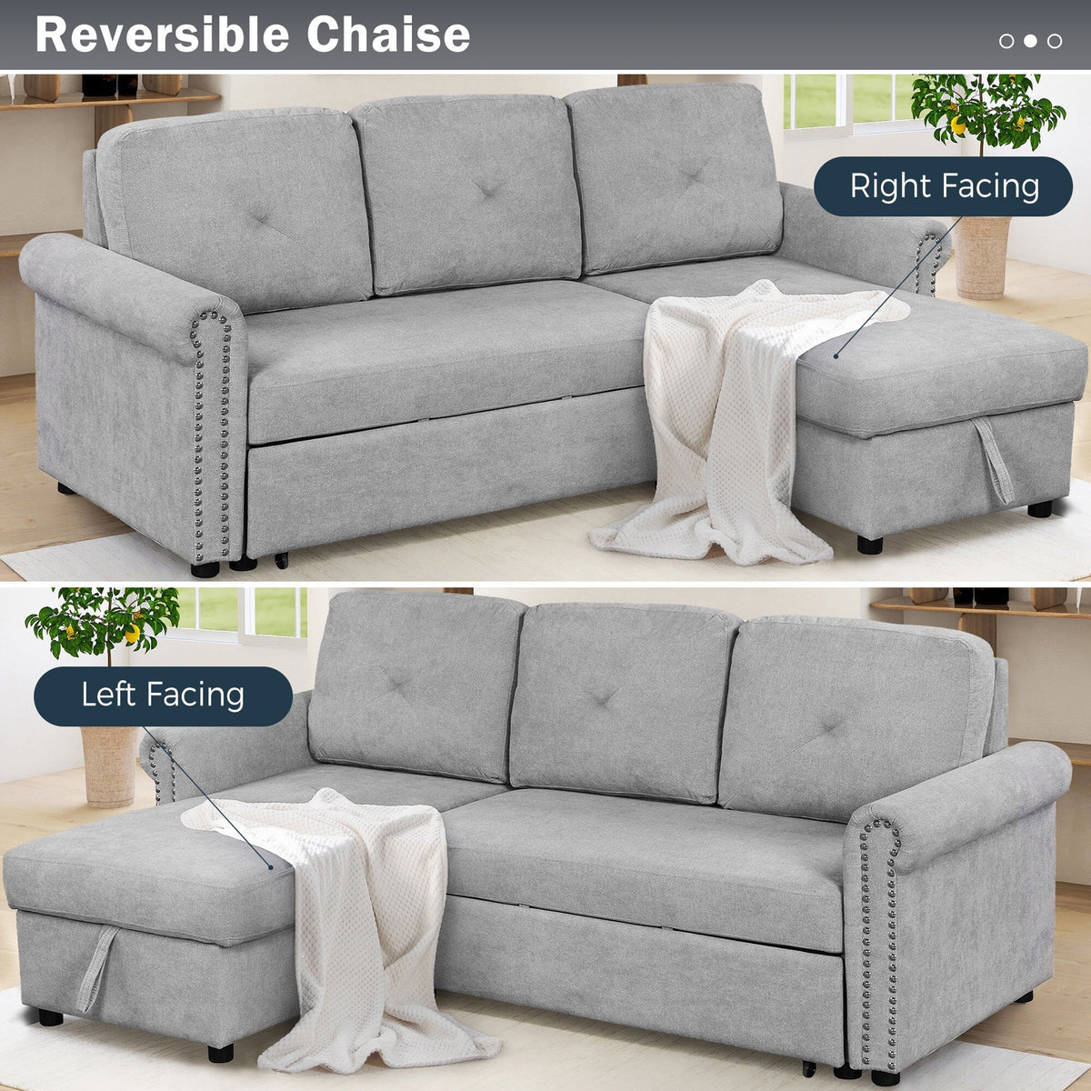 Euroco 83" L Shaped Sofa Bed Modern Convertible Sleeper Sofa Bed with Storage Chaise, Gray