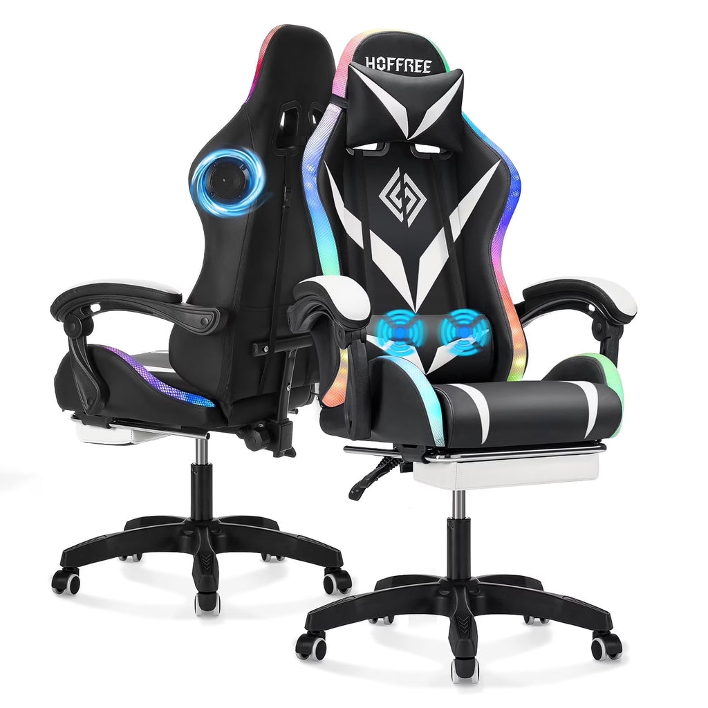 Hoffree Gaming Chair with Speakers PU Leather Office Chair with Footrest and LED Lights Ergonomic Gamer Chair with Massage Lumbar Support and Headrest Adjustable Swivel for Home Office 300lb