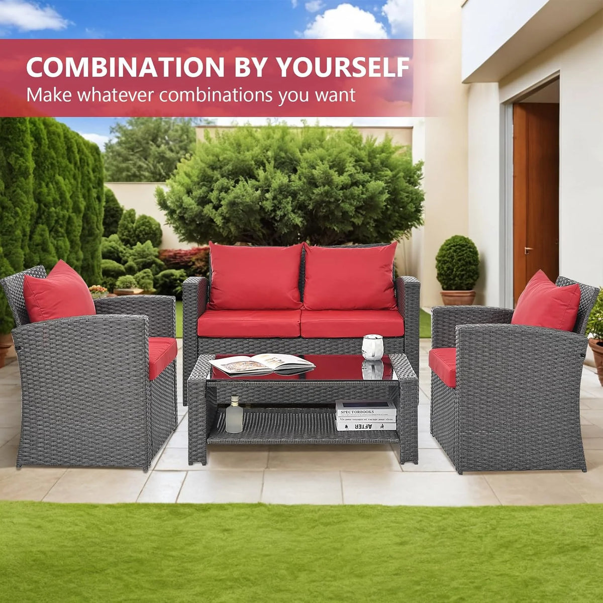 HighSound 4 Piece Patio Furniture Set, Outdoor Wicker Patio Sectional Sofa, All Weather PE Rattan Outdoor Sectional with Cushions & Coffee Table, Dark Gray