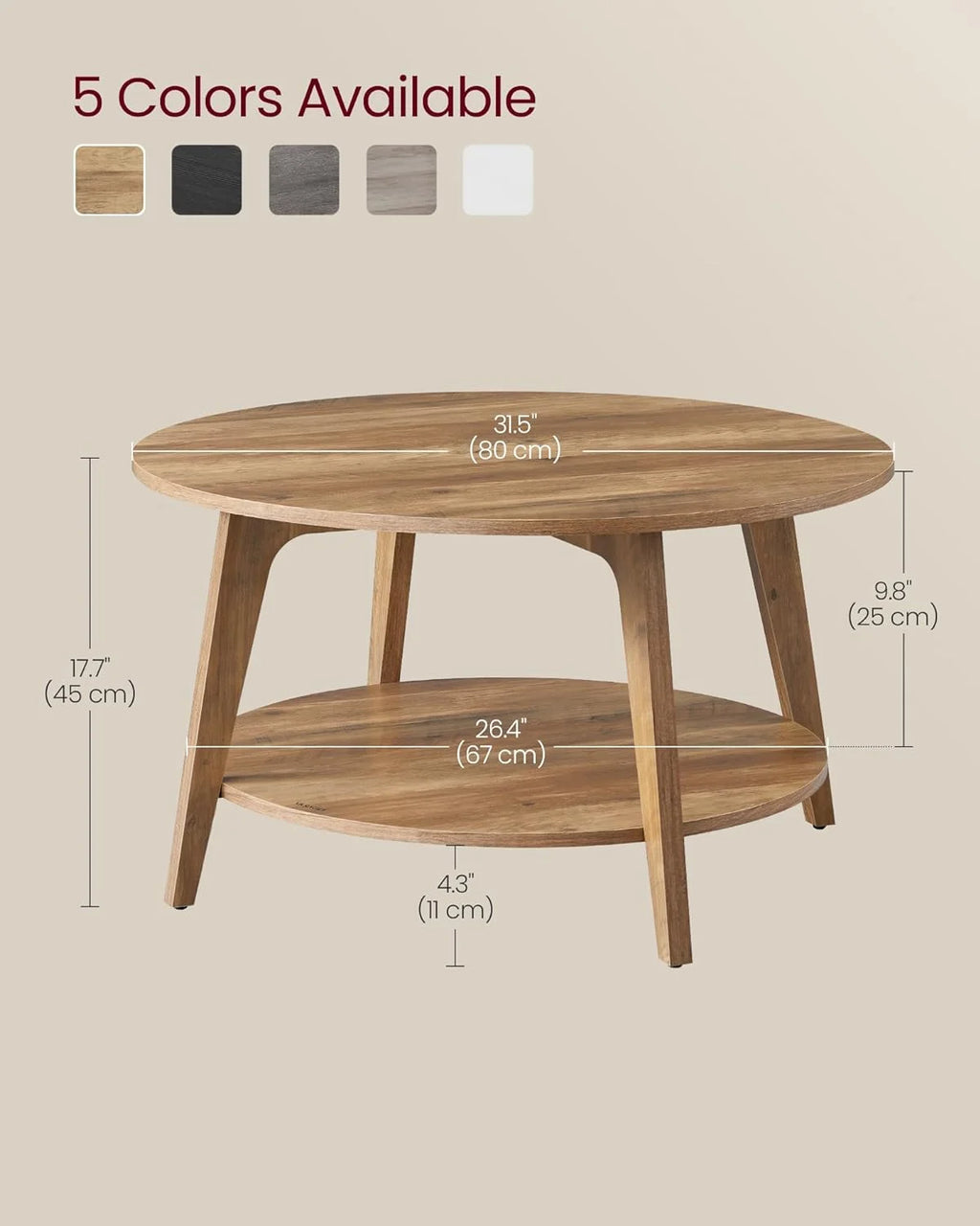 VASAGLE Round Coffee Table, 2 Tier Coffee Table with Storage, for Living Room, 31.5 x 17.7 Inches, Easy to Assemble, Honey Brown