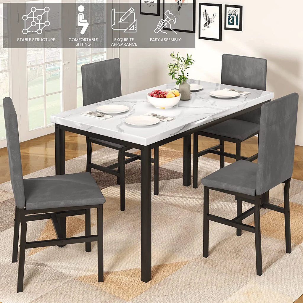 5 Piece Dining Set, Modern Dining Table and Chairs Set for 4, Counter Height Bar Table Set, Modern Pub Table with 4 Velvet Fabric Cushioned Stools, Faux Marble Dining Table & Stools Set, D9297
