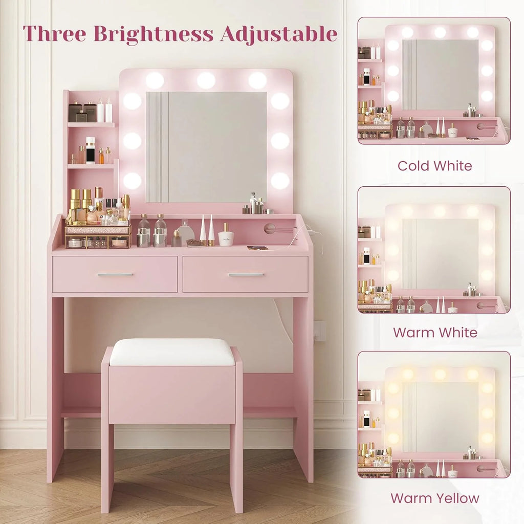 OYang Makeup Vanity with Lights, Vanity Desk with Mirror and Lights Set, Large Drawer and Two-Tier Lots Storage Cabinet, 3 Lighting Modes Adjustable Brightness