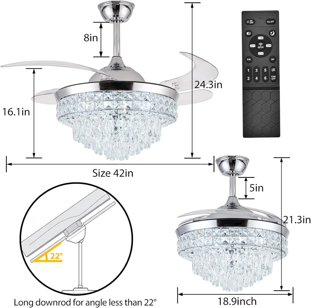 Datingday 42 Inch Crystal Ceiling Fan Golden Crystal Ceiling Fan Chandelier with Remote 6 Speeds 3 Colors Changes Lighting Fixture, 4 Blades Retractable Fans for Bedroom Living Room Dining Room