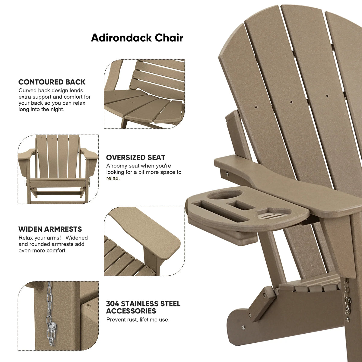 FOOWIN HDPE Plastic Adirondack Chairs Set of 4, Black