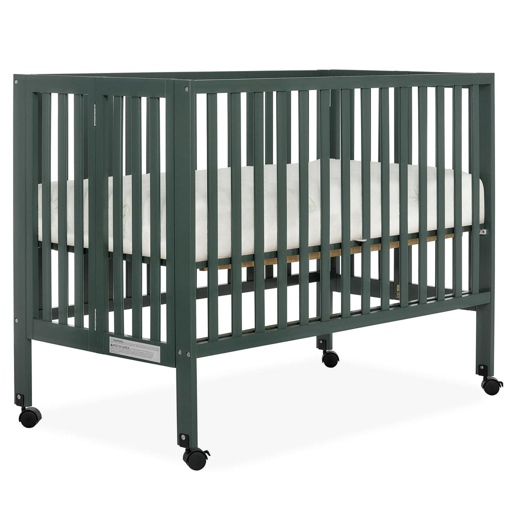 Dream On Me Quinn Full-Size Folding Crib. Removable Wheels. Modern Nursey. Adjustable Mattress Support. Patent Folding System in Olive