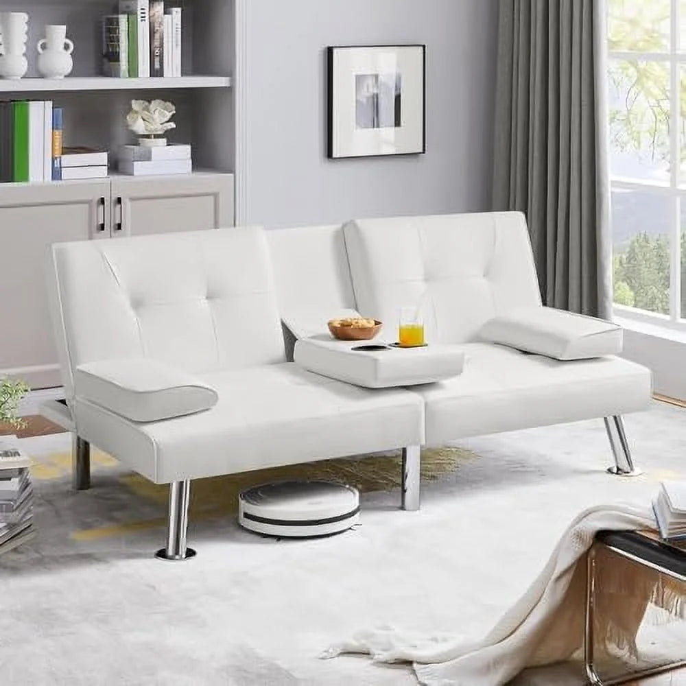 Convertible Folding Futon Sofa Bed Sleeper Couch for Living Room, Modern Faux Leather Upholstered Loveseat w/Removable Armrests, Metal Legs, 2 Cup Holders, Love Seat Sofa Bed for Small Spaces (Brown)