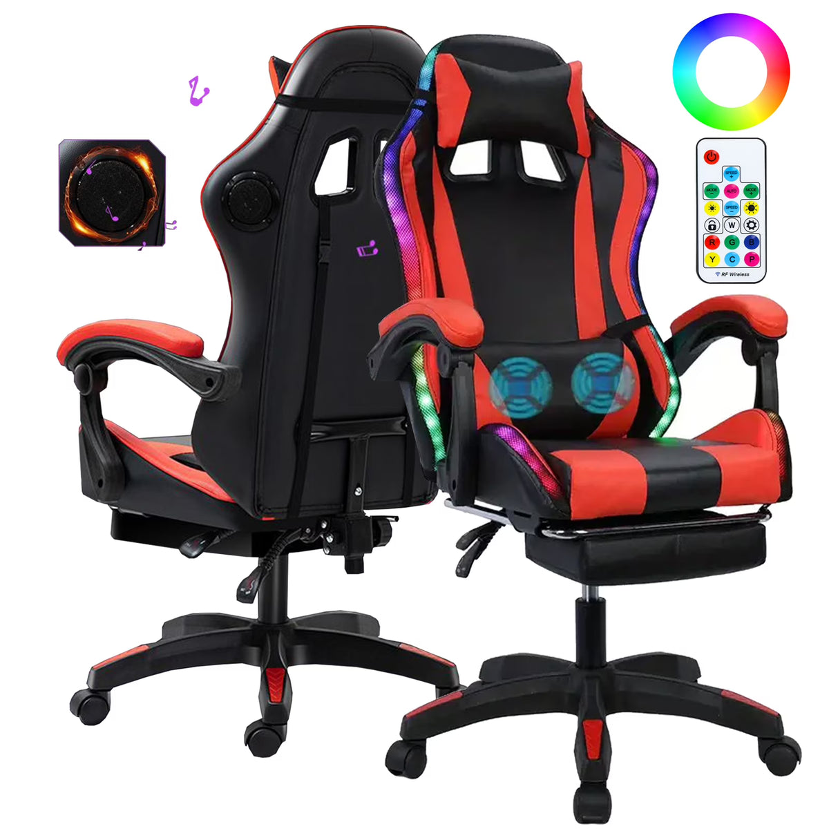 Gaming Chair with Bluetooth-compatible Speakers and RGB LED Lights, Ergonomic Massage Computer Gaming Chair with Height Adjustable, Video Game Chair High Back with Lumbar Support