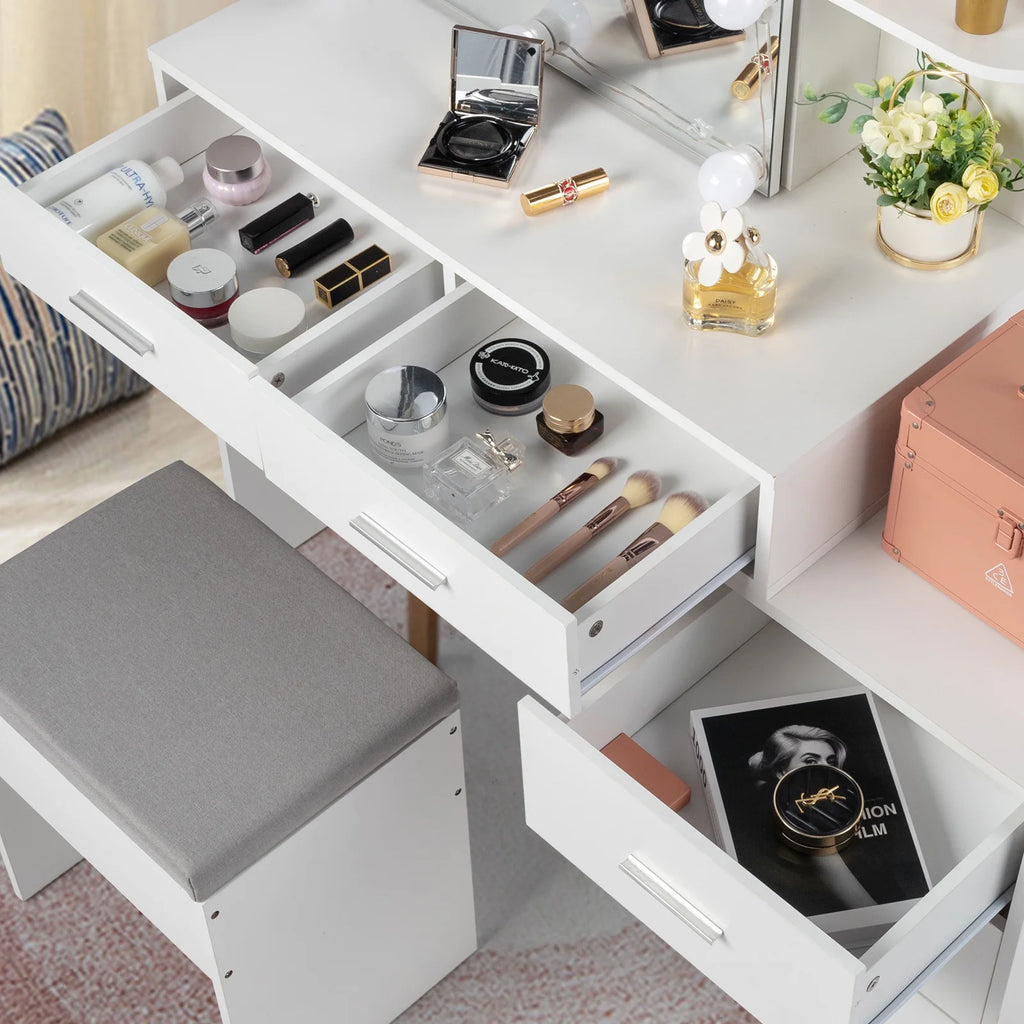 Ktaxon Flutted Makeup Vanity Table Set with 5 Drawer, Dressing Table w/Charging Station, Vanity Desk for Femal Gift, White