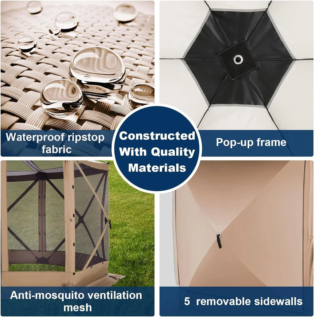 COBIZI 12'x12' Pop-up Gazebo Outdoor Camping Tent with 6 Sides Mosquito Netting, Waterproof, UV Resistant, Portable Screen House Room, Easy Set-up Party Tent with Carry bag, Ground Spike, Brown