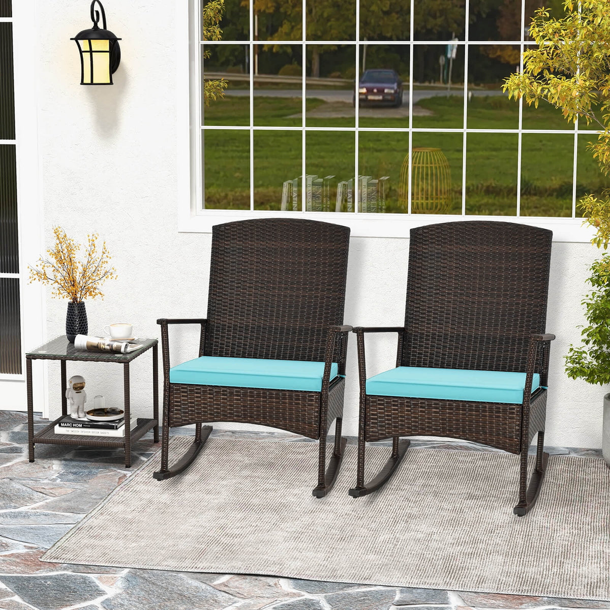 Costway Serenity 3 Piece Patio Rocking Wicker Rockers with White Cushions 2 Tier Coffee Table