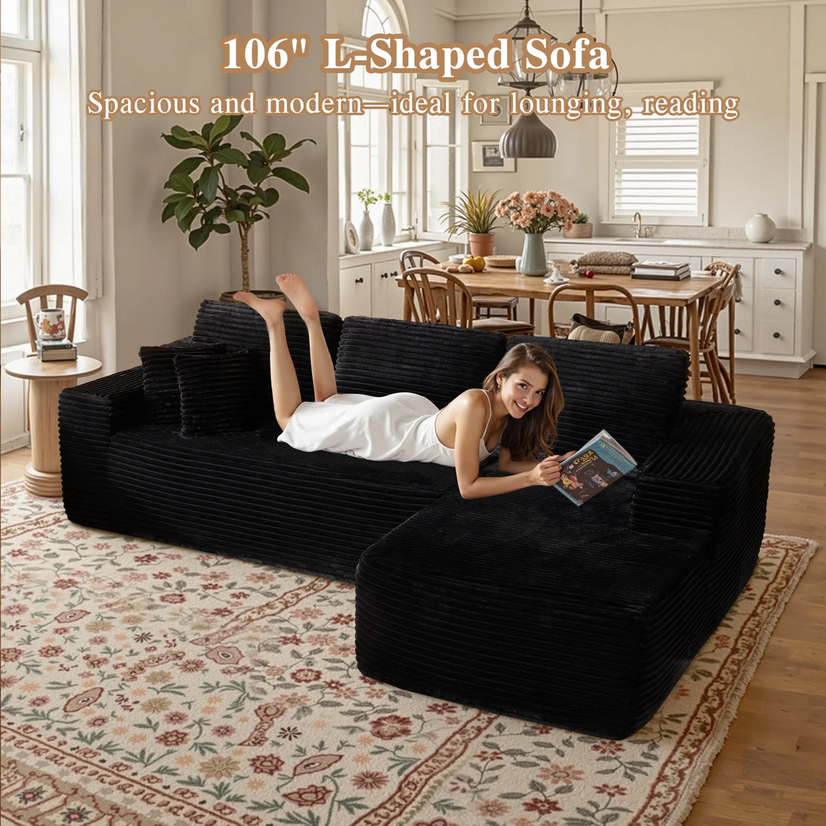 Ovios 106" L-Shaped Sectional Sofa Modern Modular Cloud Couch with Deep Seating Upholstered Sofa for Living Room Bedroom, No Assembly Required, Black(Corduroy)