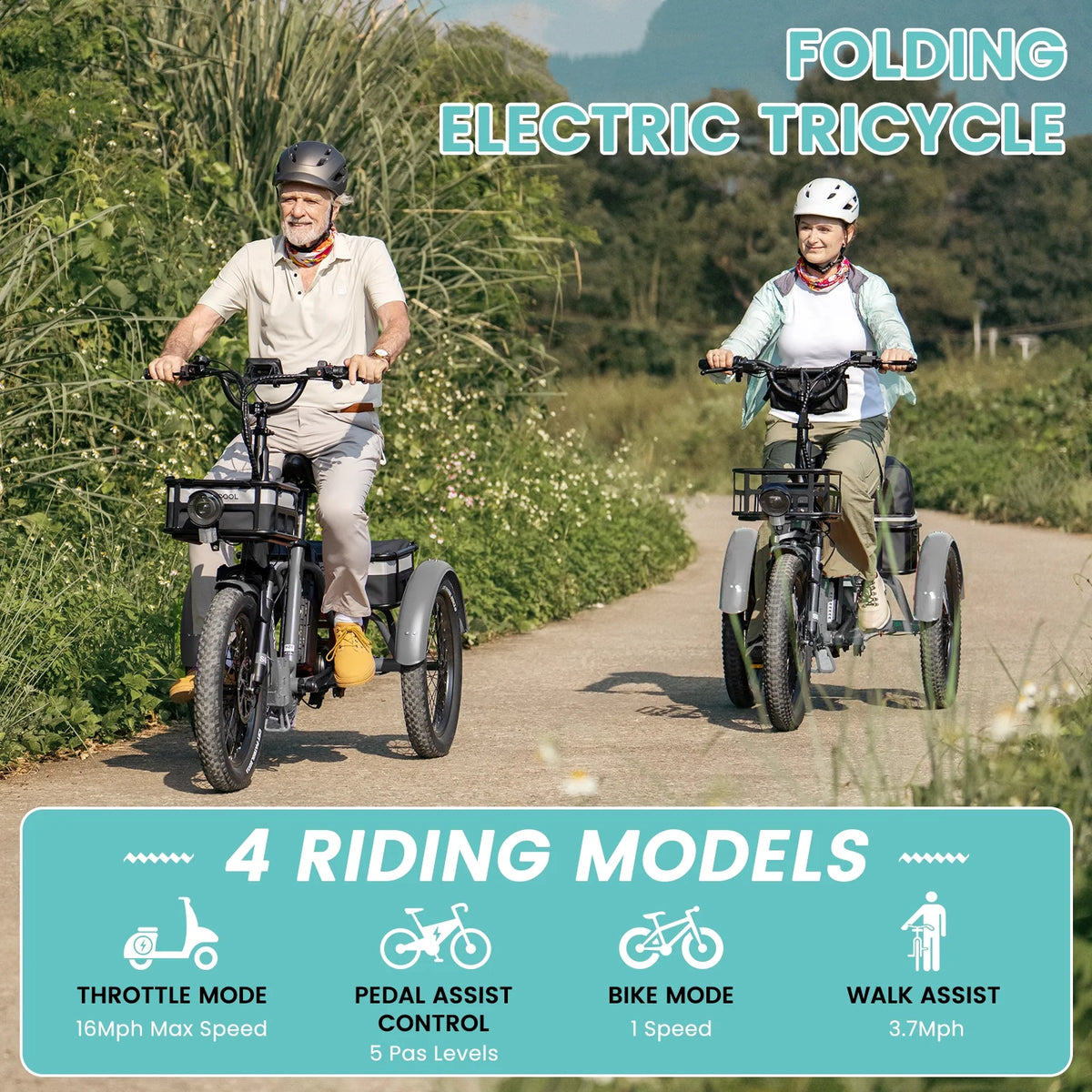 MOONCOOL TK1 Folding Electric Tricycle for Adults,48V 14.5Ah Removable battery, 500W��Peak 1000w��Motor, 20" Fat Tire Step-Thru 3Wheel Electric Bicycle w/Front&Rear Baskets, Certified to UL 2849 by SGS