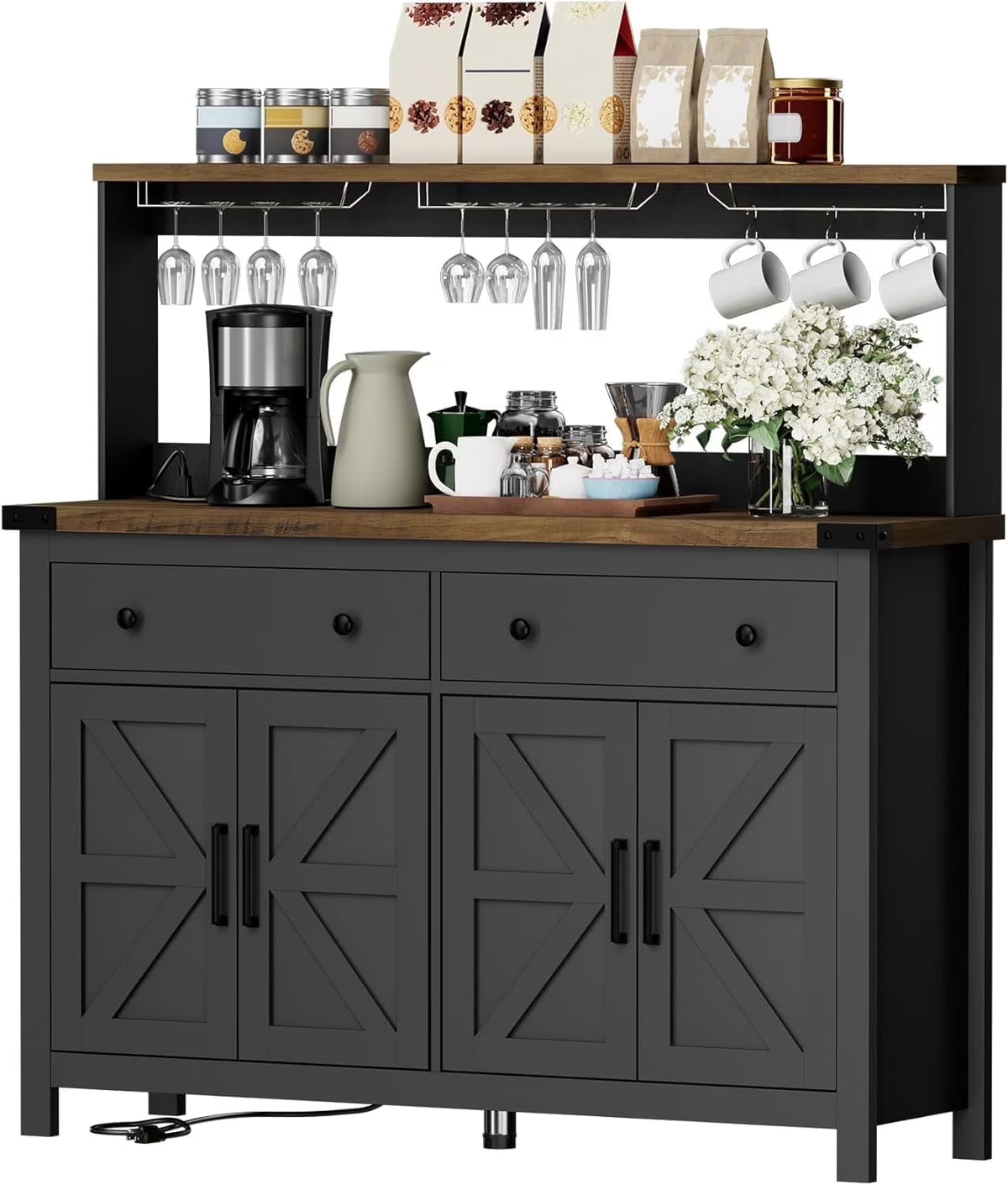 Winkalon Coffee Bar Cabinet with Hutch, 55" W Kitchen Buffet Sideboard Cabinet with 2 Drawers & USB Power Station, Black
