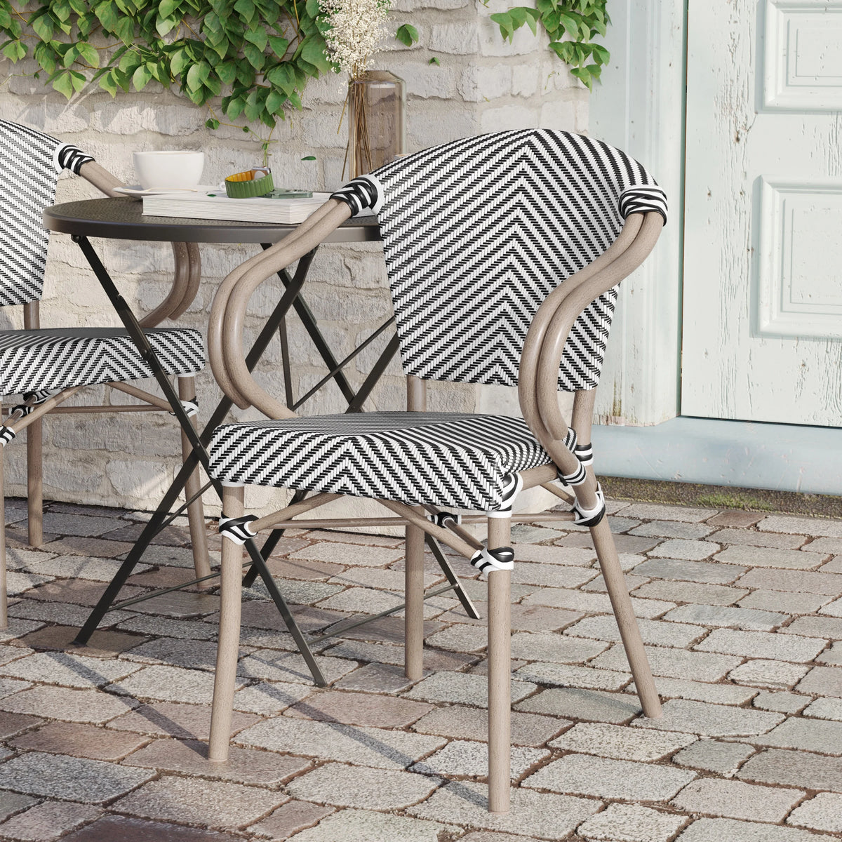 Flash Furniture Marseille Indoor/Outdoor French Bistro Stacking Chair with Arms Black/Natural