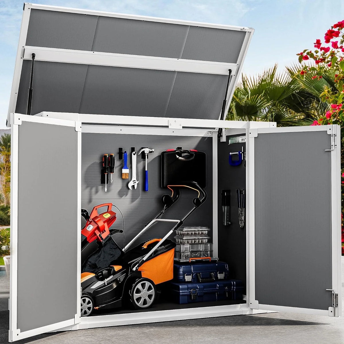 Shinpt Outdoor Storage Shed, 41 Cu Ft. All-Weather Resin Tool Shed, Lockable Double Door Shed for Storage of Garden Tools, Pool Accessories, Bikes, Garbage Bin, for Garden, Yard Lawn Pool
