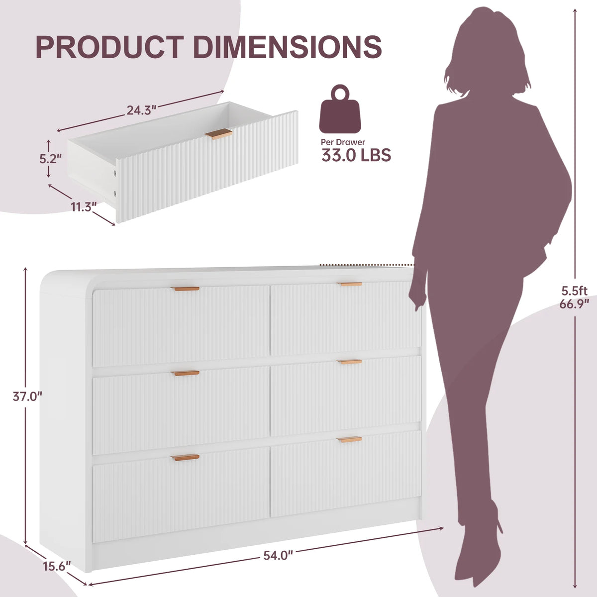 SELOOYE Fluted 5 Drawers Dresser for Bedroom, 47" Tall Modern Dresser Chest of Drawers, Black Accents, Fluted Fronts, Wood Storage Dressers Organizer for Bedroom, Living Room, Natural