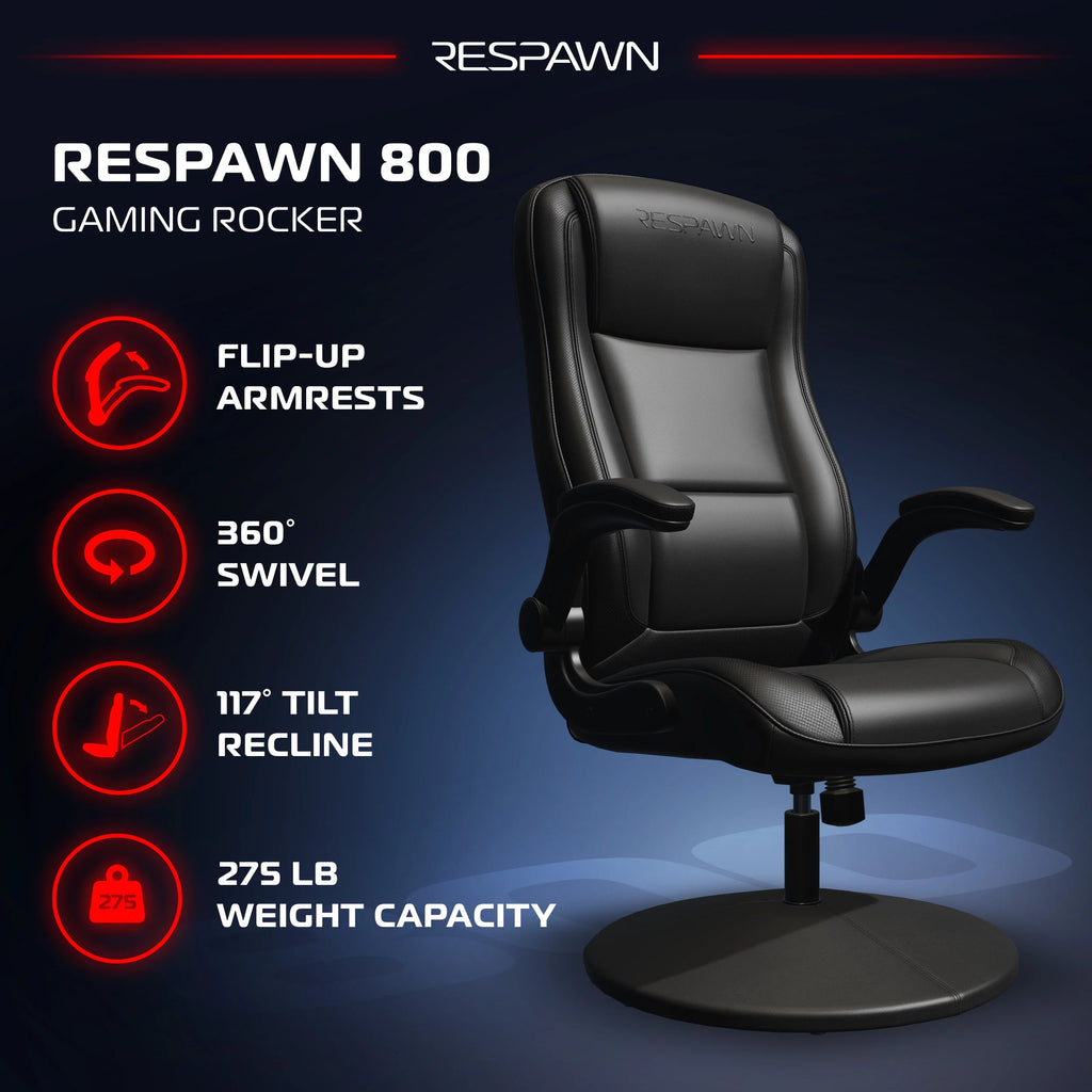 RESPAWN 800 Swivel Rocker Gaming Chair - Ergonomic Floor Gaming Seat with Lumbar Support, Flip Up Armrest, High Back, Pedestal Base, Comfortable No Wheels Console Video Game Rocker Chair - Red