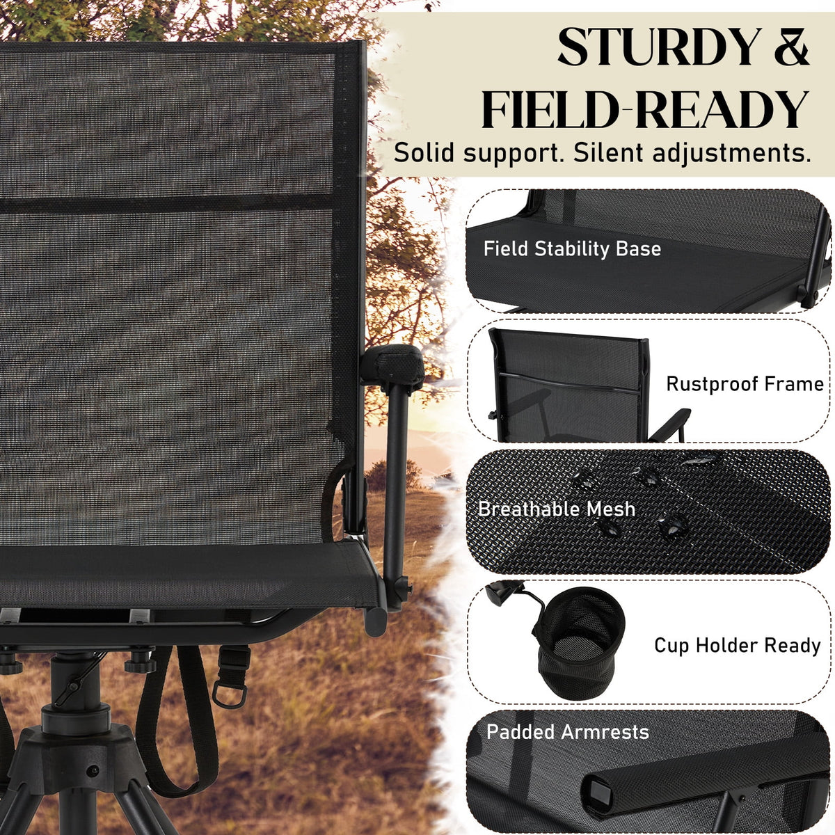 Danrelax 360�� Silent Camo Hunting Blind Chair, Armrests, Side Pouch, Telescopic Legs