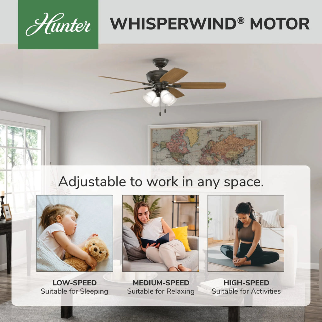 Hunter - Amberlin Indoor Ceiling Fan With Light, 52-inch, Brushed Nickel, Casual-style, 3-speed WhisperWind Motor, 53216, for Living Rooms, Bedrooms