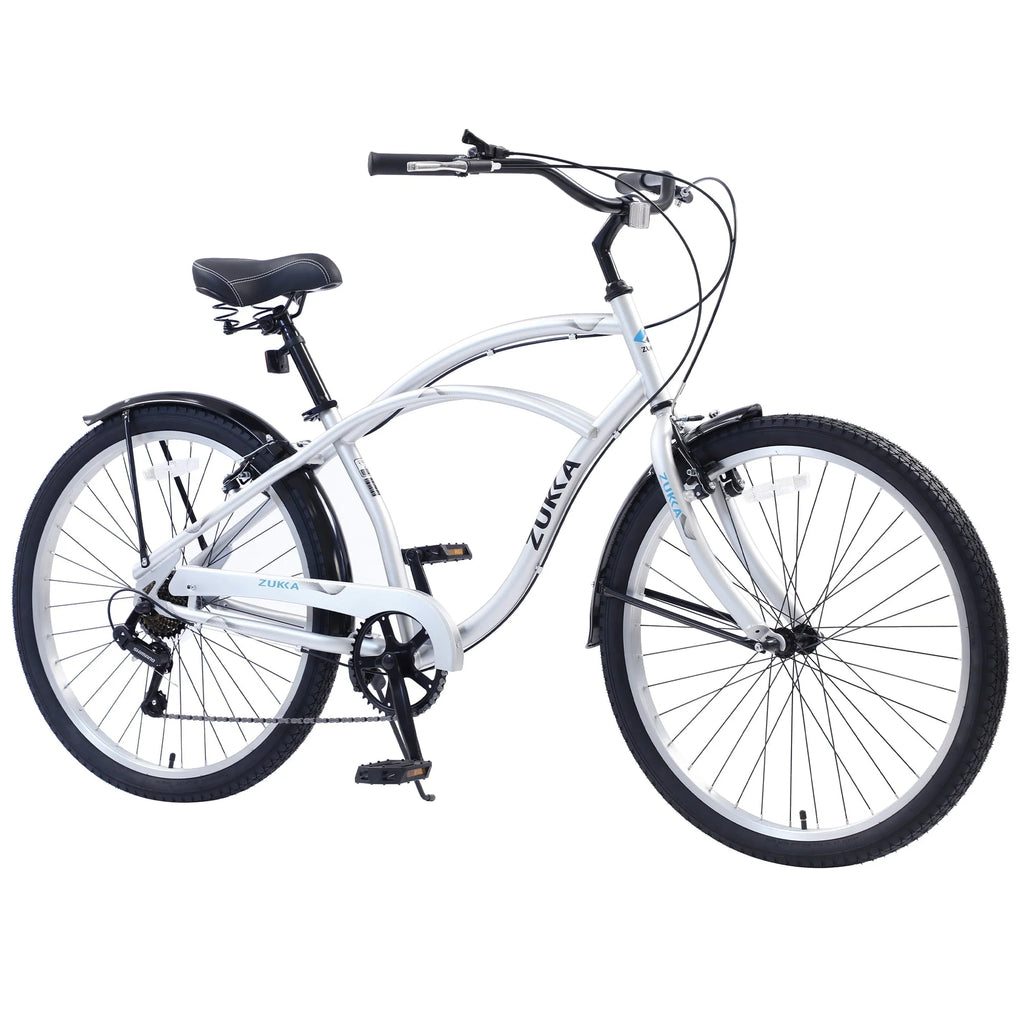7 Speed Cruiser Bike for Men Women, 26 inch Adult Cruiser Bike, Silver