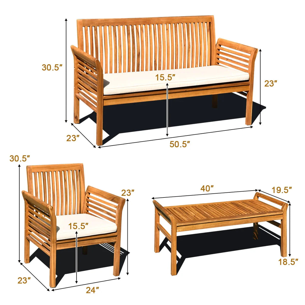Costway 4 PCS Outdoor Acacia Wood Sofa Furniture Set Cushioned Chair Coffee Table Garden