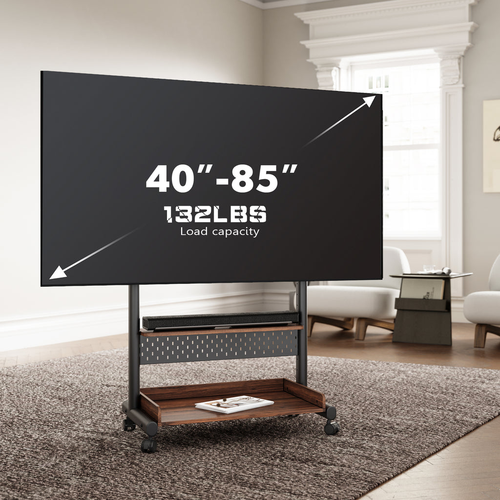 FITUEYES Rolling TV Stand with Wheels for 40-85 inch TVs, Height Adjustable Mobile TV Stand TV cart with Wooden Large Storage,White