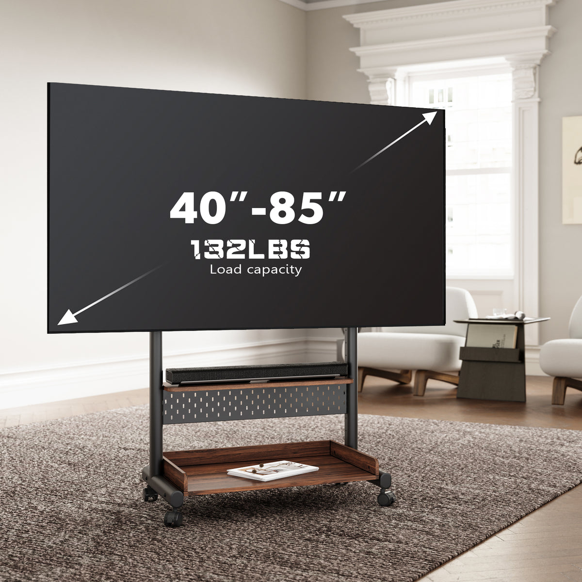 FITUEYES Rolling TV Stand with Wheels for 40-85 inch TVs, Height Adjustable Mobile TV Stand TV cart with Wooden Large Storage,White