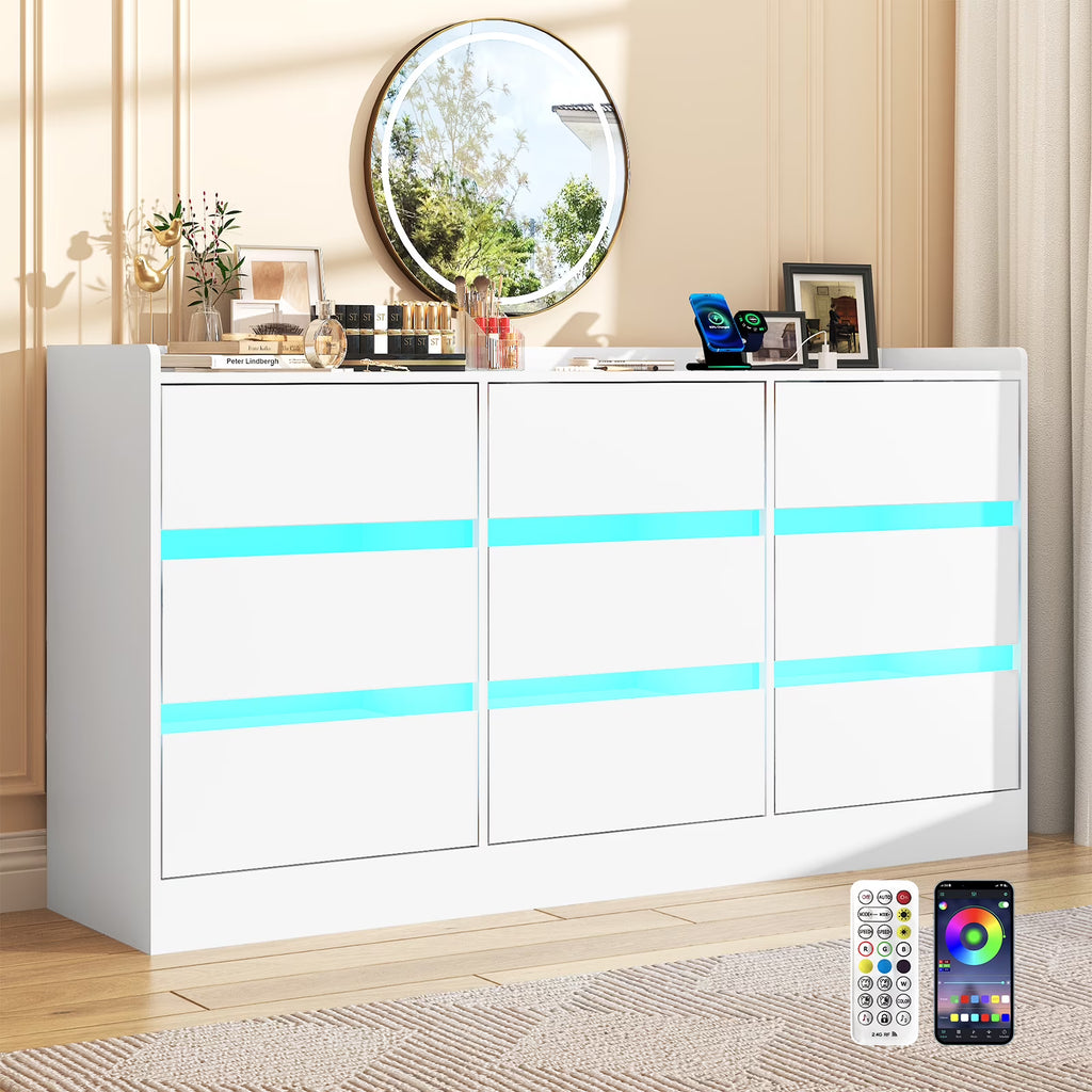 9 Drawer Dresser for Bedroom with Power Outlet, 63" Large Dresser with LED Light, Wooden Dresser For Closet, Chest of Drawers with Raised Edges