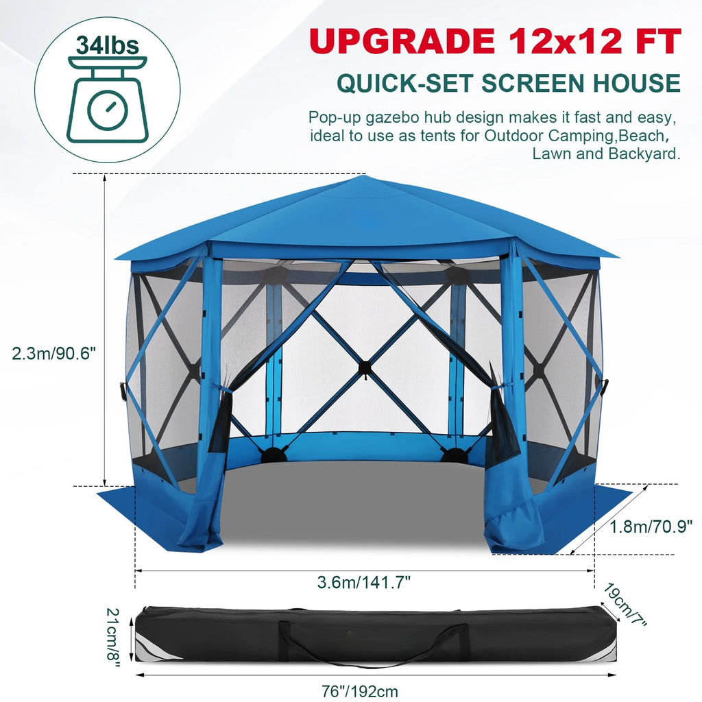 HOTEEL 12x12 Portable Pop-Up Outdoor Camping Gazebo, Screen Tent with Mosquito Nettings, Waterproof, UV, Bite Proof, Removable top Glamping Canopy with Carry Bag, Gray