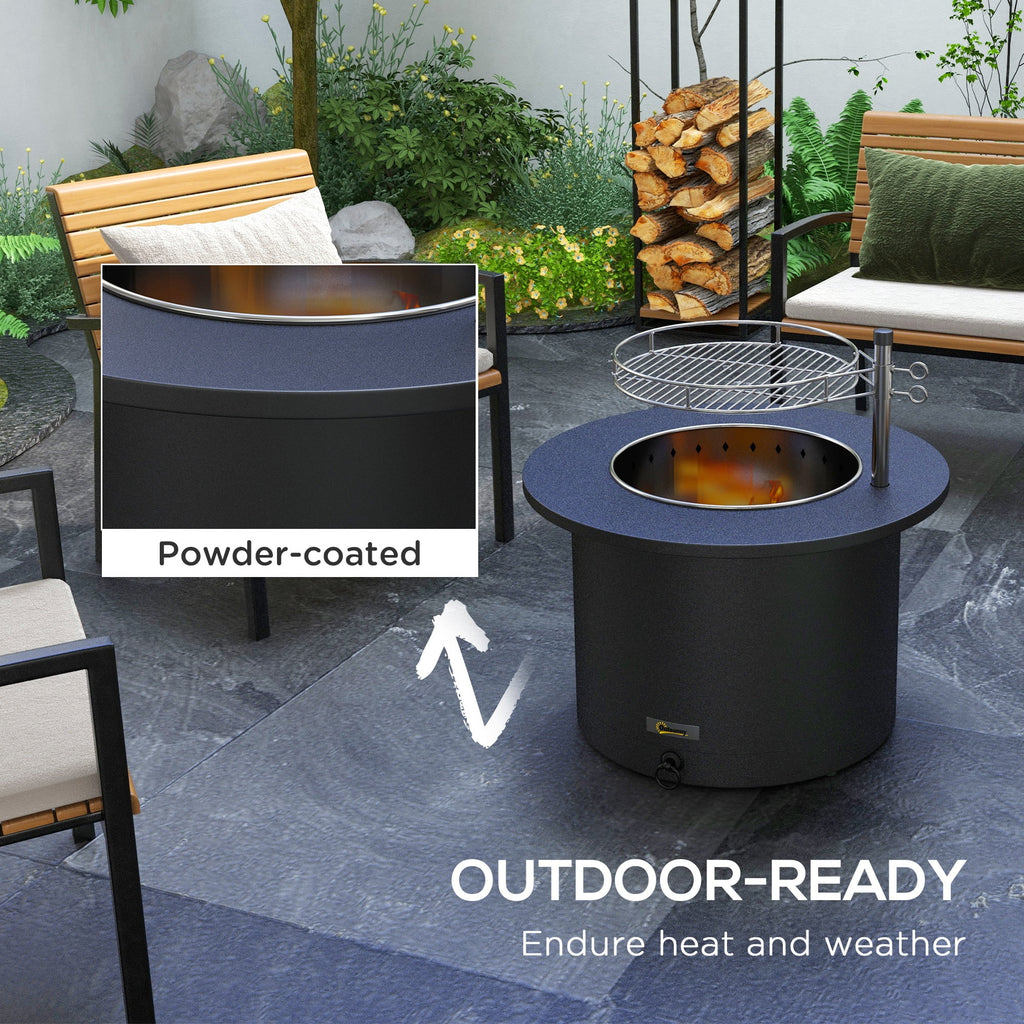 Outsunny 25" Smokeless Fire Pit, 2-in-1 Stainless Steel Firepit with Grill, Portable Wood Burning Fireplace with Poker and Ash Tray, Black