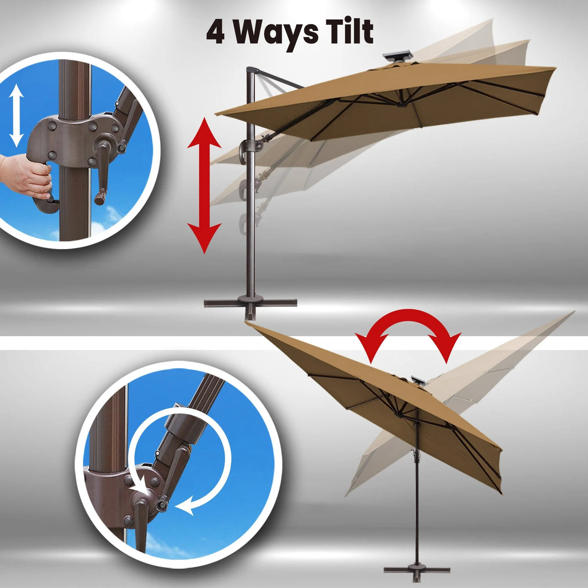SUNRISEUMBRELLA Square 10'x10' Deluxe Roma square cantilever umbrella, With LED light(Heather Beige)