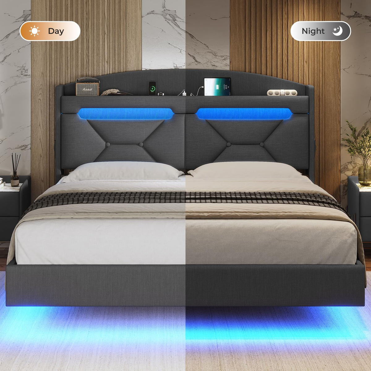 King Size Bed Frame with Storage Headboard and LED Lights,Upholstered Platform Bed with USB Port Charging,Headboard with Shelves Hidden Storage,Noise-Free,Dark Grey