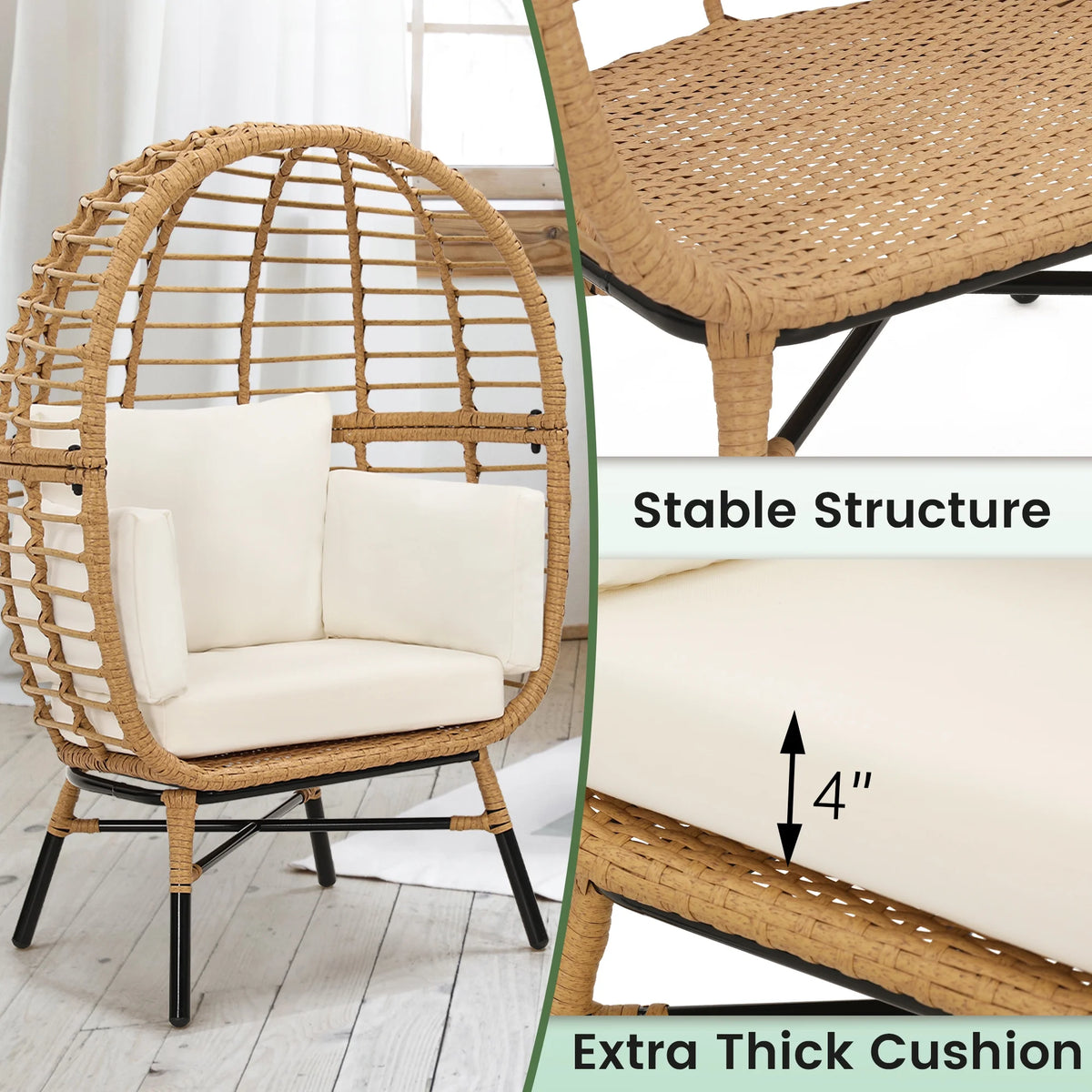 Skandiquip Oversized Rattan Adult Egg Chair, 360 Swivel, Outdoor Patio Chair with overstuffed Cushions, Indoor Large Wicker Egg Chair, Natural Rattan, Beige Cushion