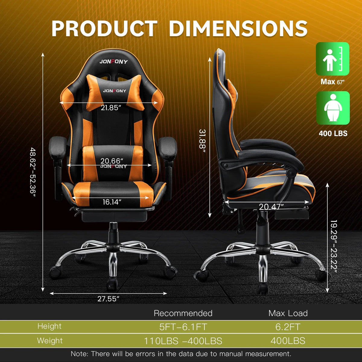JONPONY Big and Tall Gaming Chair, Ergonomic Design, Gamer Chair PU Leather with Footrest and Lumbar Support, High Back Office Chair Support 8 Hours Long Sitting, Computer Chair,Black Grey