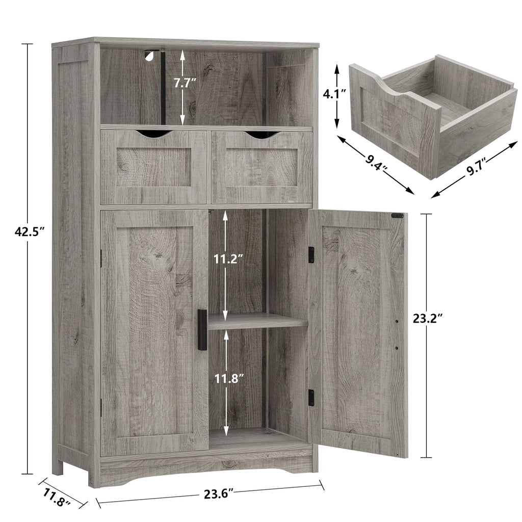 FANGSUM Rattan Storage Cabinet with 2 Drawers & 2 Shelves, Floor Cabinet for Living Room