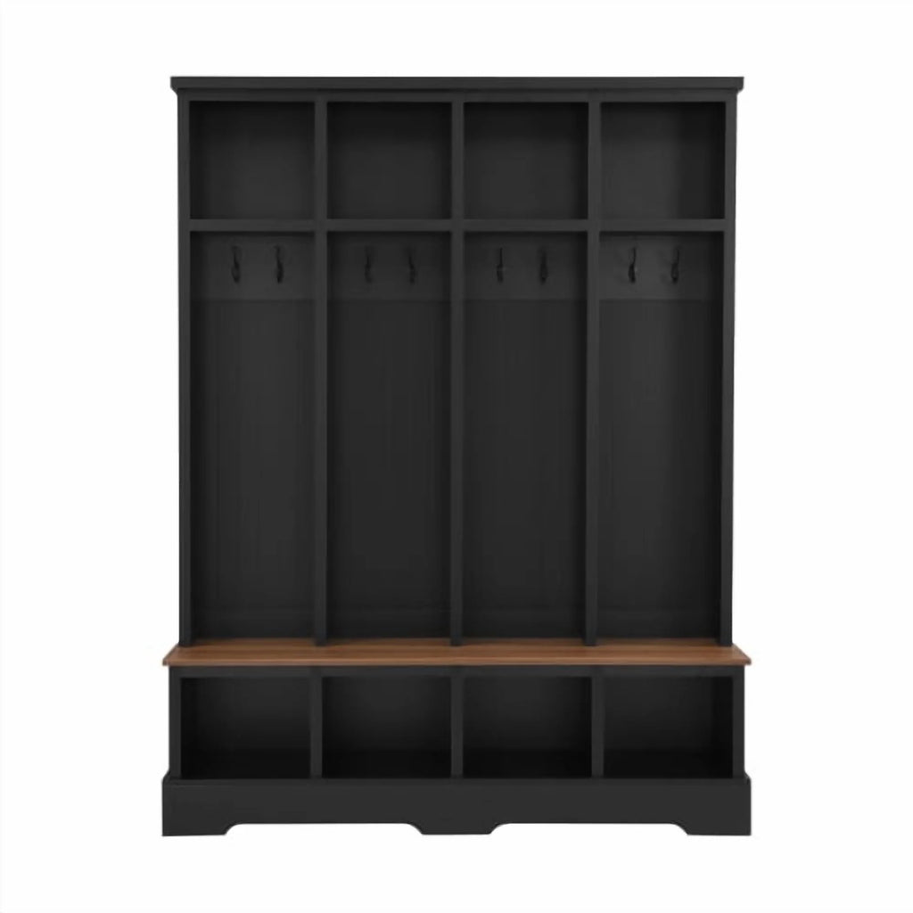 Farmhouse Hall Tree with Bench, 59" Wide Entryway Organizer with 8 Hooks & Storage Compartments, Modern Coat Rack & Shoe Bench for Mudroom,White